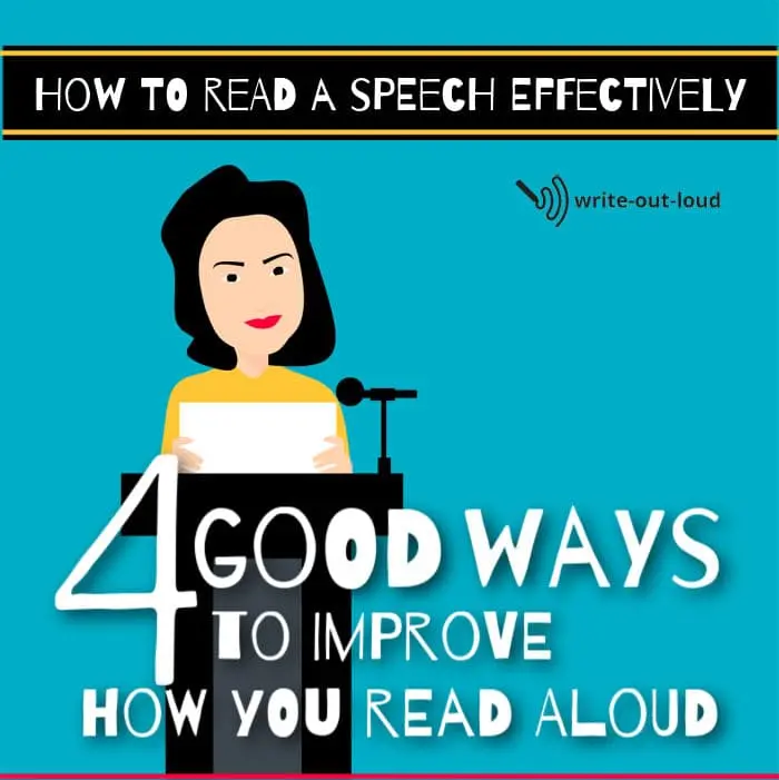 Image: Graphic of a woman reading her speech behind a lectern. Text: 4 good ways to improve how you read aloud.