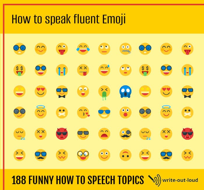 Image: large collection of emojis. Text: How to speak fluent emoji. 188 funny how to speech topics