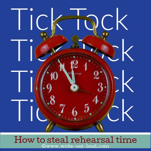 Image: red alarm clock on purple background. Text:How to steal rehearsal time.