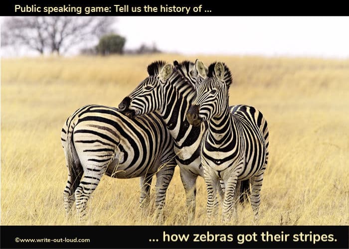 Image: 3 zebras in grassland. Text: How the zebra got his stripes - Tell me the history of ... a public speaking game.