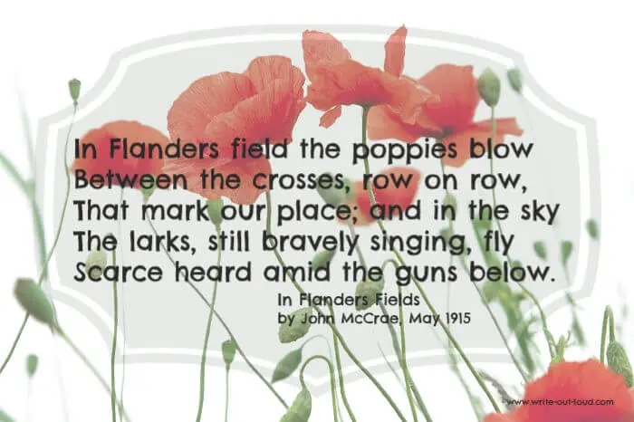 Image: red field poppies. Text:In Flanders fields the poppies blow
Between the crosses, row on row...