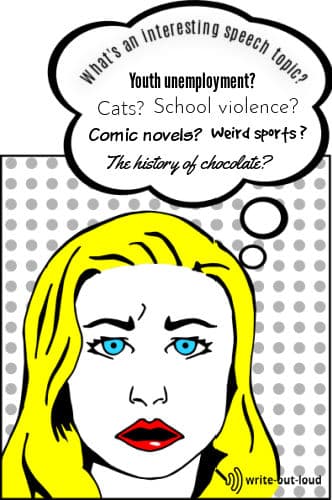 Image: retro drawing of puzzled girl thinking. Text: What's an interesting speech topic? Comical novels? Cats? The history of chocolate? Image: retro drawing of puzzled girl thinking. Text: What's an interesting speech topic? Comical novels? Cats? The history of chocolate?