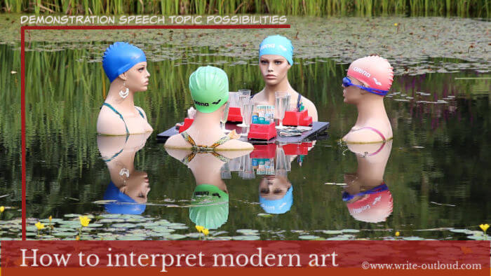 Image: a group of women mannequins in a pond wearing bathing caps, gambling!  Text: Demonstration speech topic possibilities-How to interpret modern art.