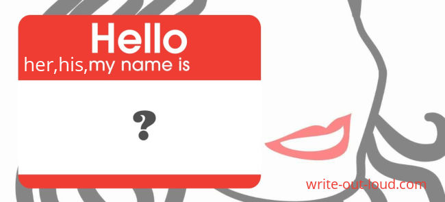 Image: line drawing of a woman with a red  "hello my name is ?" sticker.