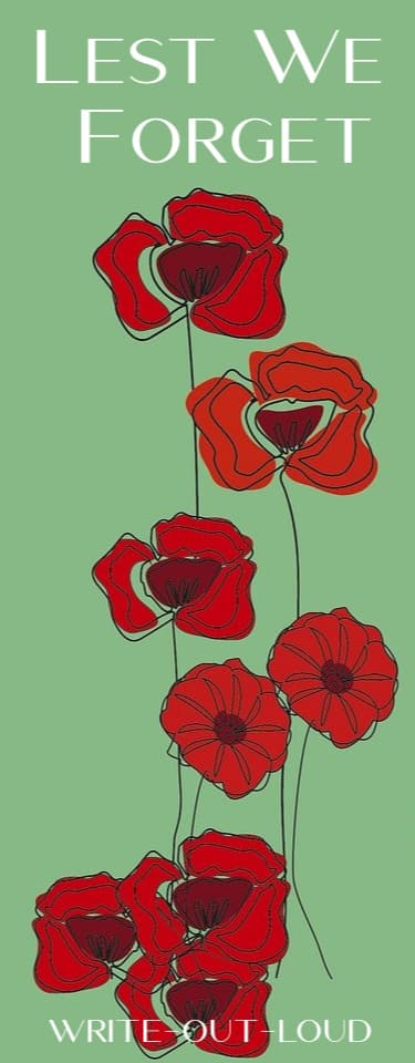 Image: drawing of red field poppies. Text: Lest we forget.