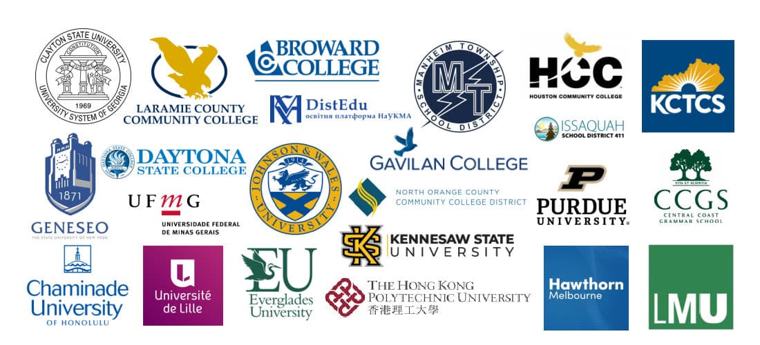 Logos of 22 educational institutions who use material from write-out-loud.com