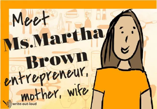 Image: Cartoon drawing of a smiling young woman. Text: Meet Martha Brown, entrepreneur, mother and wife. Image: Cartoon drawing of a smiling young woman. Text: Meet Martha Brown, entrepreneur, mother and wife.