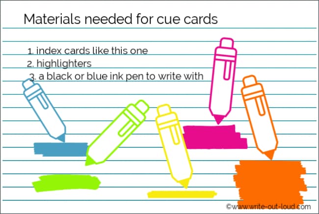 Image -materials needed for cue cards: index card, colored highlighters, pen