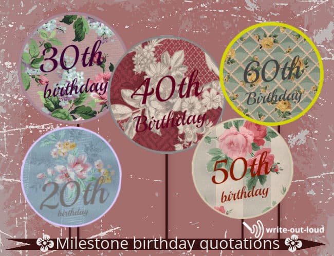 Image: montage of 5 round birthday speech buttons: 20th, 30th, 40th, 50th, and 60th, each with different retro wallpaper backgrounds. Text: Milestone birthday quotations