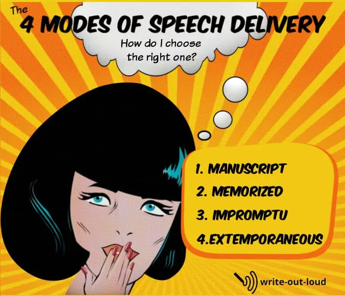 Image: 1950s retro woman with speech bubble. Text: Headline - The four modes of speech delivery: manuscript, memorized, impromptu, extemporaneous. How do I choose the right one? Image: 1950s retro woman with speech bubble. Text: Headline - The four modes of speech delivery: manuscript, memorized, impromptu, extemporaneous. How do I choose the right one?