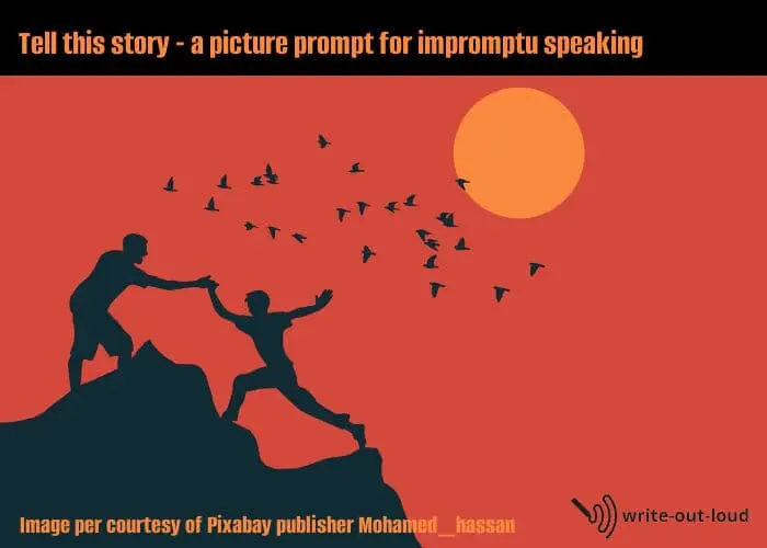 One man helping another to climb a mountain. (One of 41 tell-this-story picture prompts.)