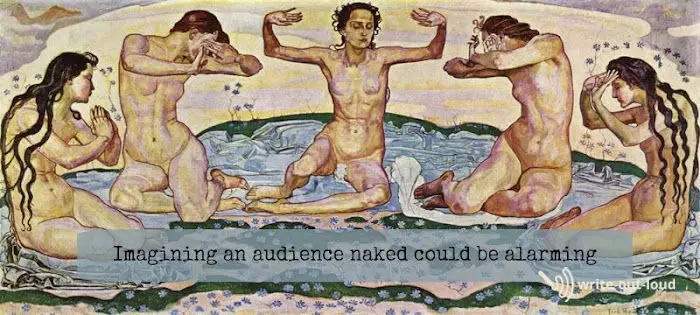 Painting of nude Greek muses - Caption: imagining an audience naked can be alarming. Painting of nude Greek muses - Caption: imagining an audience naked can be alarming.