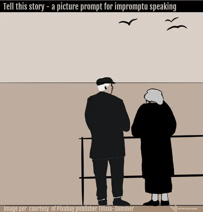 Illustration of an old couple standing side by side looking out to sea. (One of 41 tell-this-story picture prompts)