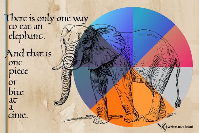Image: sepia background-ink drawing of an elephant overlaying a 7 segment pie chart. Text: There's only one way to eat an elephant and that one bite at a time.