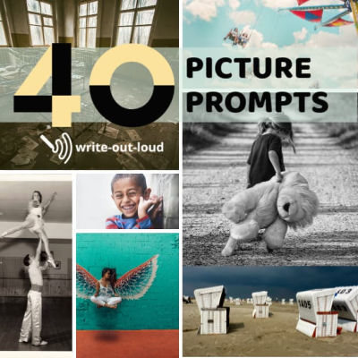 Image: a collage of 7 images. Text: 40 picture prompts. Image: a collage of 7 images. Text: 40 picture prompts.