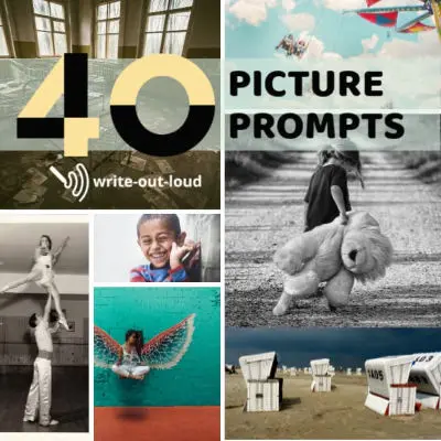 Collage: 6 photos. Text: 40 picture prompts. write-out-loud.com Picture prompts small