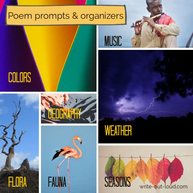Image: collage of 7 images: man playing flute, row of autumn leaves, mountains, stork, dead tree, thunder storm, colors. Text: Poem prompts and organizers Image: collage of 7 images: man playing flute, row of autumn leaves, mountains, stork, dead tree, thunder storm, colors. Text: Poem prompts and organizers