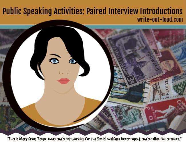 Image background a collection of assorted postage stamps. Inset of face of a young woman. Text: Public speaking activities: Paired Interview Introductions. This is Mary from Taupo ...