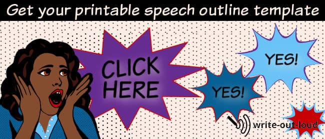 Image: retro cartoon girl with starburst speech bubble. Text: Get your printable speech outline here. CLICK HERE.