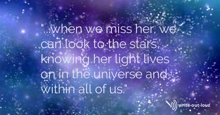 Quote about seeing her light in the stars from eulogy for a sister. Quote about seeing her light in the stars from eulogy for a sister.