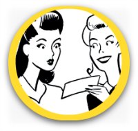 Retro graphic - two women looking at a checklist smiling Retro graphic - two women looking at a checklist smiling