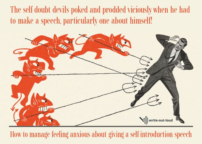 Image: retro man in suit being attached by devils with pitchforks. Text: How to manage feeling anxious about giving a self-introduction speech.