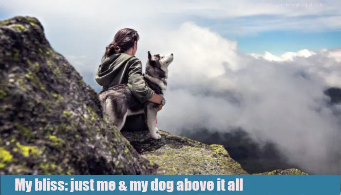 My bliss, me and my dog above it all. The BIG fat lie - a fun public speaking game. Young woman with her dog sitting on a mountain ledge high above the clouds.