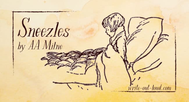 Image: Christopher Robin in bed. Original line drawing illustration by EH Shepherd. Text: Sneezles by AA Milne Image: Christopher Robin in bed. Original line drawing illustration by EH Shepherd. Text: Sneezles by AA Milne