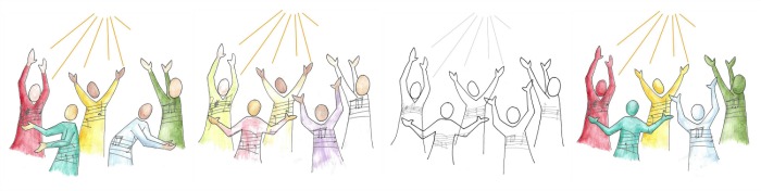 Image - 4 variations of a drawing by Amy Burton of 5 singers with their arms lifted in praise.
