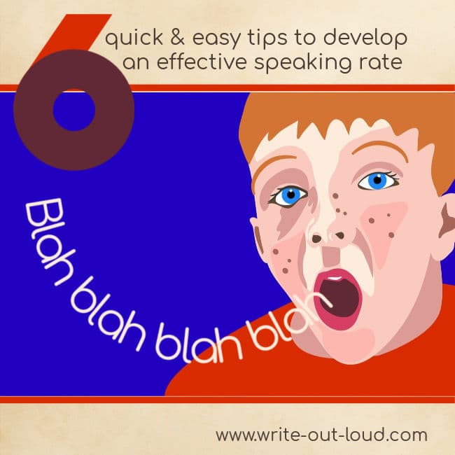 Image: drawing of young boy with open mouth saying blah, blah, blah. Text: 6 exercises to develop a flexible speaking rate.