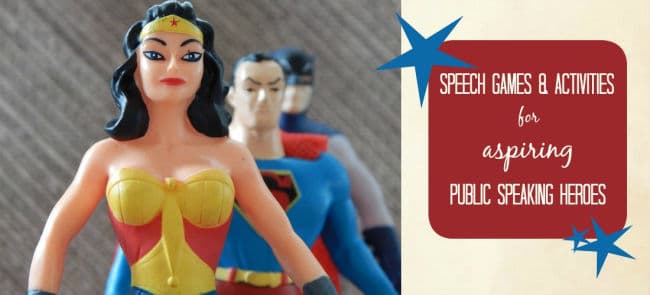 Image: models of superwoman and superman. Text:Speech games and activities for aspiring public speaking heroes.
