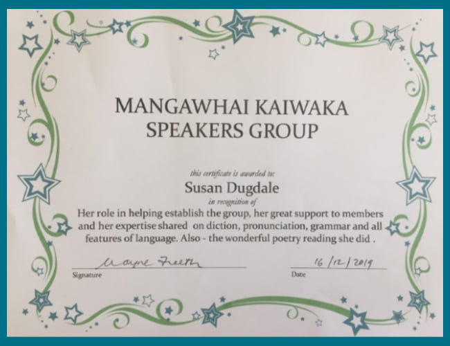 Image: Speech certificate from Mangawhai-Kaiwaka Speakers group -2019