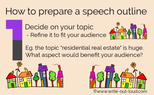 Image - rows of colorful 'cartoon' houses. Text: How to prepare a speech outline. Step 1 decide your topic & refine it to fit your audience. Image - rows of colorful 'cartoon' houses. Text: How to prepare a speech outline. Step 1 decide your topic & refine it to fit your audience.
