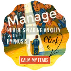Image - man, terrified, standing in a spotlight in front of a crowd. Text: Manage public speaking anxiety with hypnosis. Click to calm my fears.