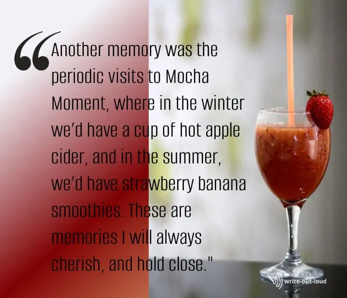 A strawberry smoothie, plus a quotation from a eulogy for grandfather about sharing smoothies in the summer. A strawberry smoothie, plus a quotation from a eulogy for grandfather about sharing smoothies in the summer.