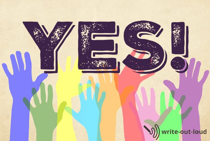 Image: row of raised multi-colored hands. Text: YES!