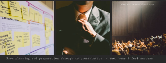 mage - a trilogy: post it notes for planning a speech, man getting ready for presentation, audience raising hands, asking questions. Text: From planning & preparation to presentation, see success. mage - a trilogy: post it notes for planning a speech, man getting ready for presentation, audience raising hands, asking questions. Text: From planning & preparation to presentation, see success.