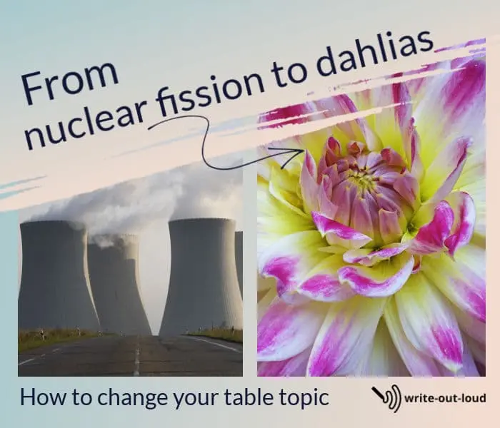 Image: nuclear power plant stacks and a tri-colored dahlia. Text: From nuclear fission to dahlias. How to change your table topic.