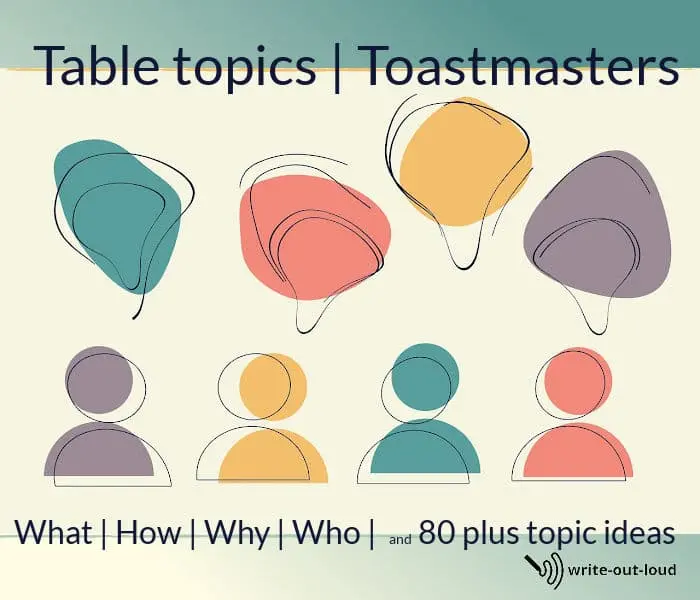 Image: graphic of 4 people with 4 speech bubbles. Text: Table topics Toastmasters- What, How, Why, Who and 80 plus topic ideas