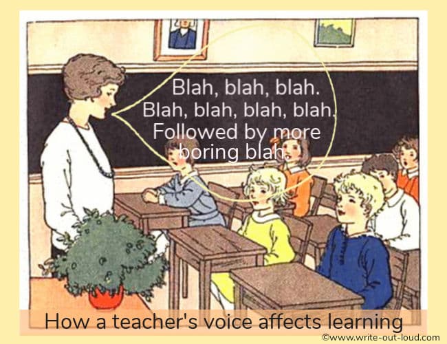 Young teacher standing in front of her class with a speech balloon saying Blah, blah, blah, blah...