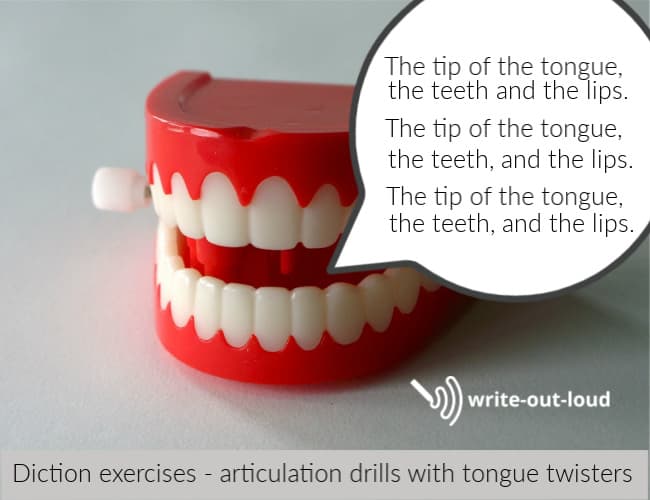 Image: a set of wind up toy teeth. Text: the tip of the tongue, the teeth, and the lips, the tip of the tongue, the teeth and lips ...