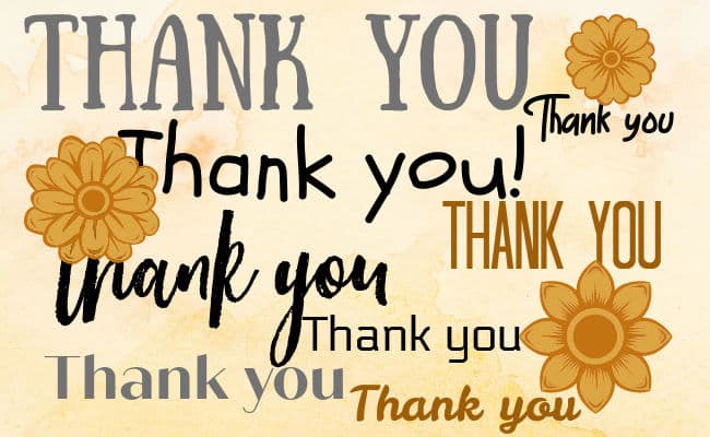 Image: Thank you repeated in many different fonts on parchment background scattered with stylized marigolds.