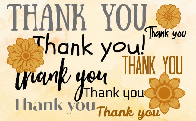 Image: Thank you repeated in many different fonts on parchment background scattered with stylized marigolds.