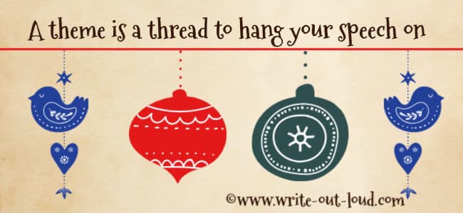 Image: A red line with 4 Christmas ornaments hanging off of it. Text: A theme is a thread to hang your speech on.