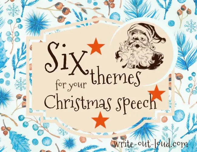 Image: blue winter background, label with retro Santa Claus saying 6 themes for your Christmas speech. Image: blue winter background, label with retro Santa Claus saying 6 themes for your Christmas speech.