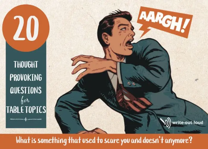 Image: cartoon drawing of a frightened man. Text: 20 thought provoking questions for table topics.