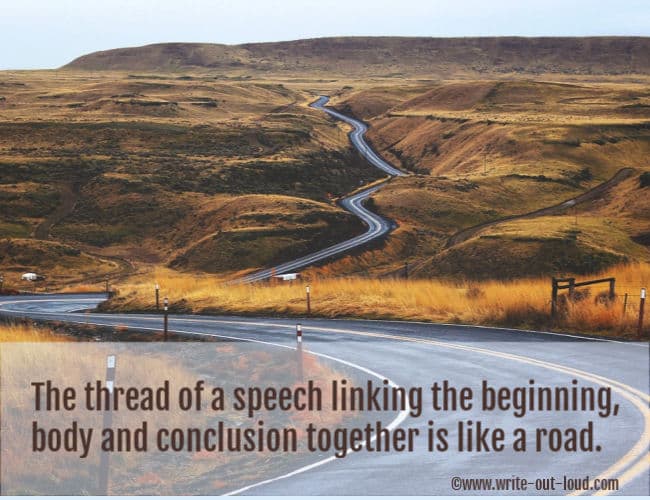 A road winding its way through bare brown hills. Text: The thread of a speech linking the beginning, body and conclusion together is like a road.