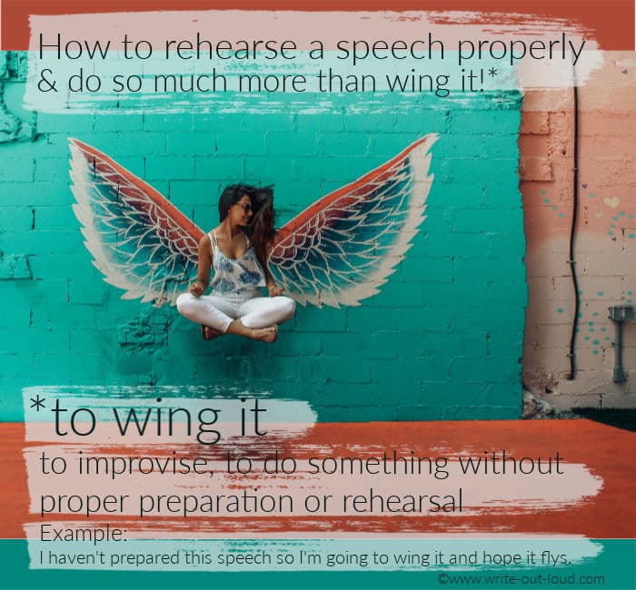 Image: cross-legged girl, with wings, levitating. Text: How to rehearse a speech properly and do more than 'wing it'.