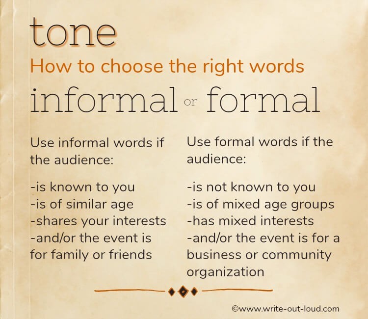 Graphic. Text: tone - how to choose the right words. Informal v formal