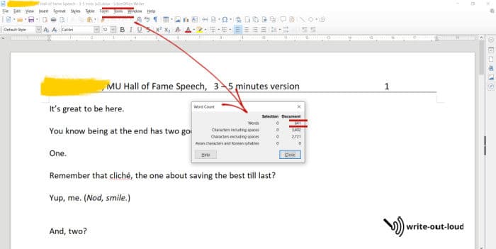Screenshot of word document with tools tab highlighted to show how to access total word count.